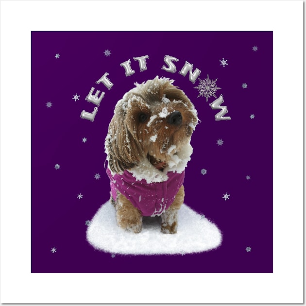 Let it Snow Yorkshire Terrier Dog, Yorkie, in a Coat with Snowflakes Wall Art by Deez Pixel Studio